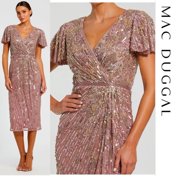 Mac Duggal Dresses & Skirts - Mac Duggal - Purple Embellished Faux Wrap Flutter Sleeve Dress Size 8